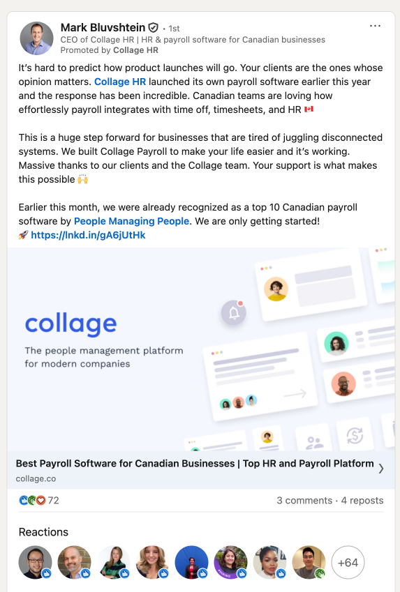 Mark Bluvshtein LinkedIn post announcing Collage HR payroll software launch